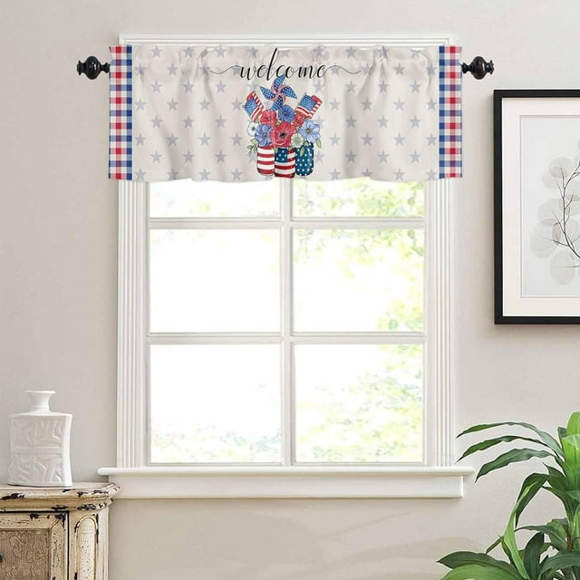 Kitchen Curtains Valances for Small Windows, Independence Day USA Flag Short Curtain Valance for Living Room, Red Blue White Flowers in A Bottle Rod Pocket Blinds Window Printed Drapes 54x18 Inch