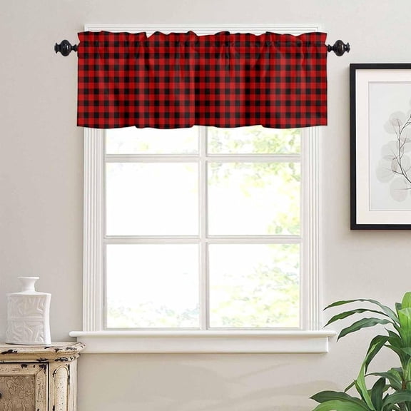 Kitchen Curtains Valances for Small Windows, Red Buffalo Plaid Short Curtain Valance for Living Room, Rod Pocket Blinds Window Printed Drapes 1 Panel 54x18 Inch