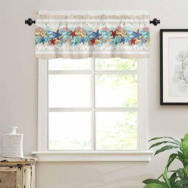 Kitchen Curtains Valances for Small Windows, Summer Sea Life Starfish Shell Coral Short Curtain Valance for Living Room, Brown Rod Pocket Blinds Window Printed Drapes 1 Panel 54x18 Inch