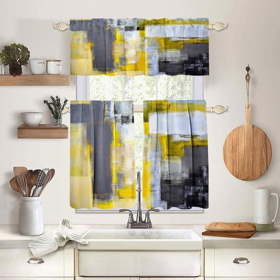 Kitchen Curtains and Valances Set 3 Piece for Windows Grey and Yellow Kitchen Window Curtains Set,Modern Abstract Art Valances for Living Room,