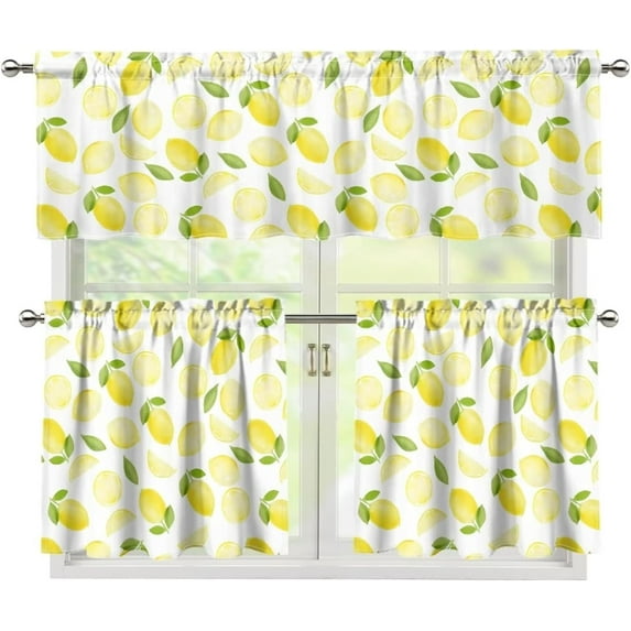 Kitchen Curtains and Valances Set Lemon Printed, Durable Washable Farmhouse Cafe Window Decorations Rod Pocket Curtains and Valances 3-Piece Set