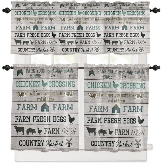 Kitchen Curtains and Valances Set Tier Curtains Living Room Bedroom Bathroom Farmhouse 3 Piece Set Rod Pocket,Farm Animal on Rustic Wooden Plank