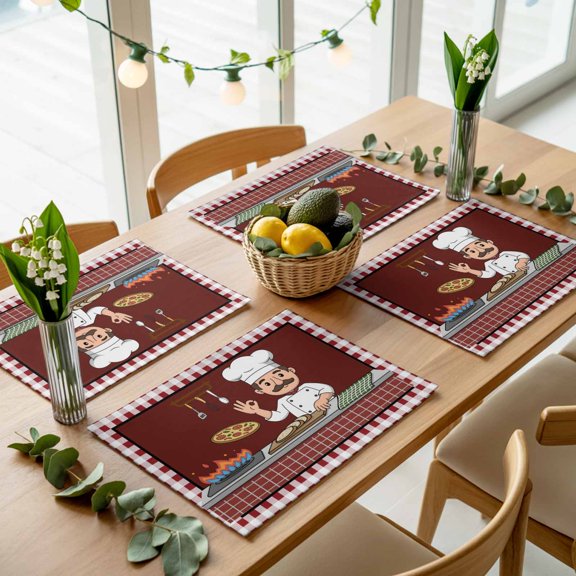 Kitchen Cute Chef Cook Burgundy Red Plaid Placemats Set of 4,Wipeable Washable Table Mats for Dining Tables, Pizza Gourmet Place Mats for Kitchen Event Party Tabletop Decor