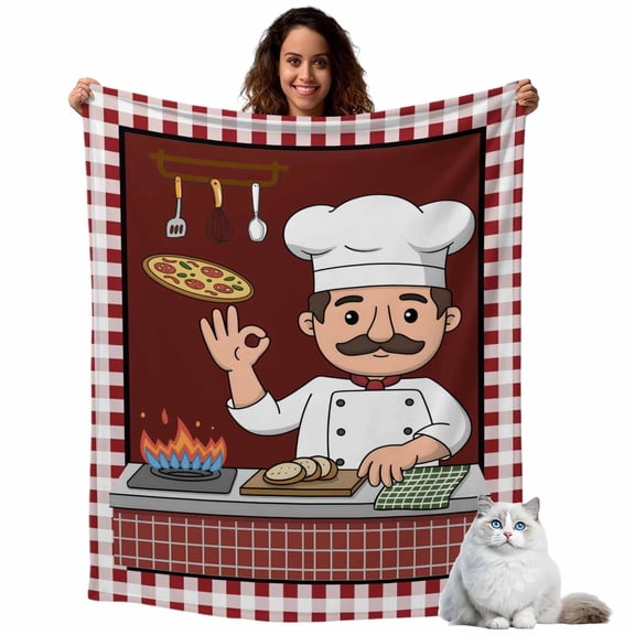 Kitchen Cute Chef Cook Burgundy Red Plaid Throw Blanket Flannel Fleece Throws, Pizza Gourmet Lightweight Super Soft Warm Blankets for Couch Sofa Bed All Season Use, 40x50 in