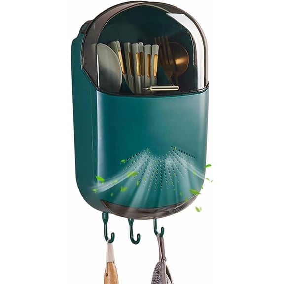 Kitchen Cutlery Drainer Wall Mounted Kitchen Utensil Holder Kitchen Cutlery Storage Box Chopstick Container with Lid Hanging Kitchen Utensil Holder Dustproof Spoon and Chopstick Organizer Drain Racks
