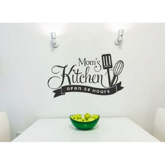 Kitchen Décor Art Mom's Kitchen Open 24 Hours Vinyl Lettering Family Wall Sticker Decals 23x13-Inch Black