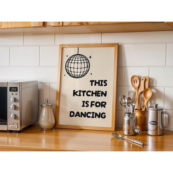 Kitchen Dance Wall Art Retro Disco Ball Typography Print Fun Quote for Kitchen Decor, Unframed Paper Poster 8x10in
