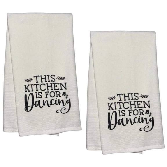 This Kitchen is for Dancing, Two-Piece Cotton Funny Quotes Flour Sacks Kitchen Towel/Tea Towel are Soft and Absorbent, with a Hanging Loop Size of 16 X 26 Inches.