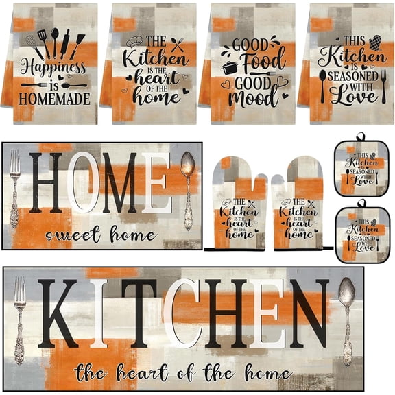 Kitchen Decor and Accessories Set of 10, Orange Beige | 4 Dish Towels Kitchen Rugs 2 Oven Mitts 2 Pot Holders, Home Decor for Cooking Baking BBQ Gifts Women Mom Housewarming