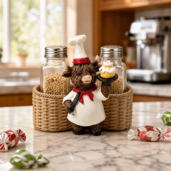 Kitchen Decor Chef Cow Storage Basket Organizer, Resin Cow Figurine with Woven Basket, Kitchen Ornaments for Countertop, Modern Kitchen Decorations, Desktop Storage Holder, Home Gift