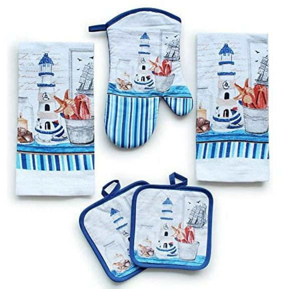 Kitchen Decor Linen Set Includes 2 Dish Towels, 2 Square Pot Holders, 1 Oven Mitt | Tall Lighthouse Printed Kitchen Towels Linen Set For Cooking, Baking, Housewarming and Decoration (Se