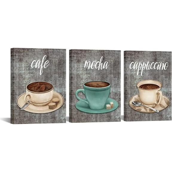 Kitchen Decor Teal Grey Coffee Sign Wall Art Cappuccino Mocha Cafe Canvas Pictures for Bar Dining Room