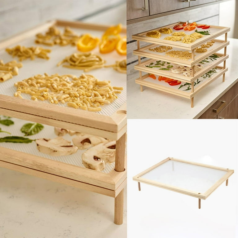 Wiueurtly Wooden Clothes Drying Rack Stackable Drying Rack Food Dry Rack Food Tools Gadgets With Net Air Drying Food Wooden Rack Spaghetti Stackable