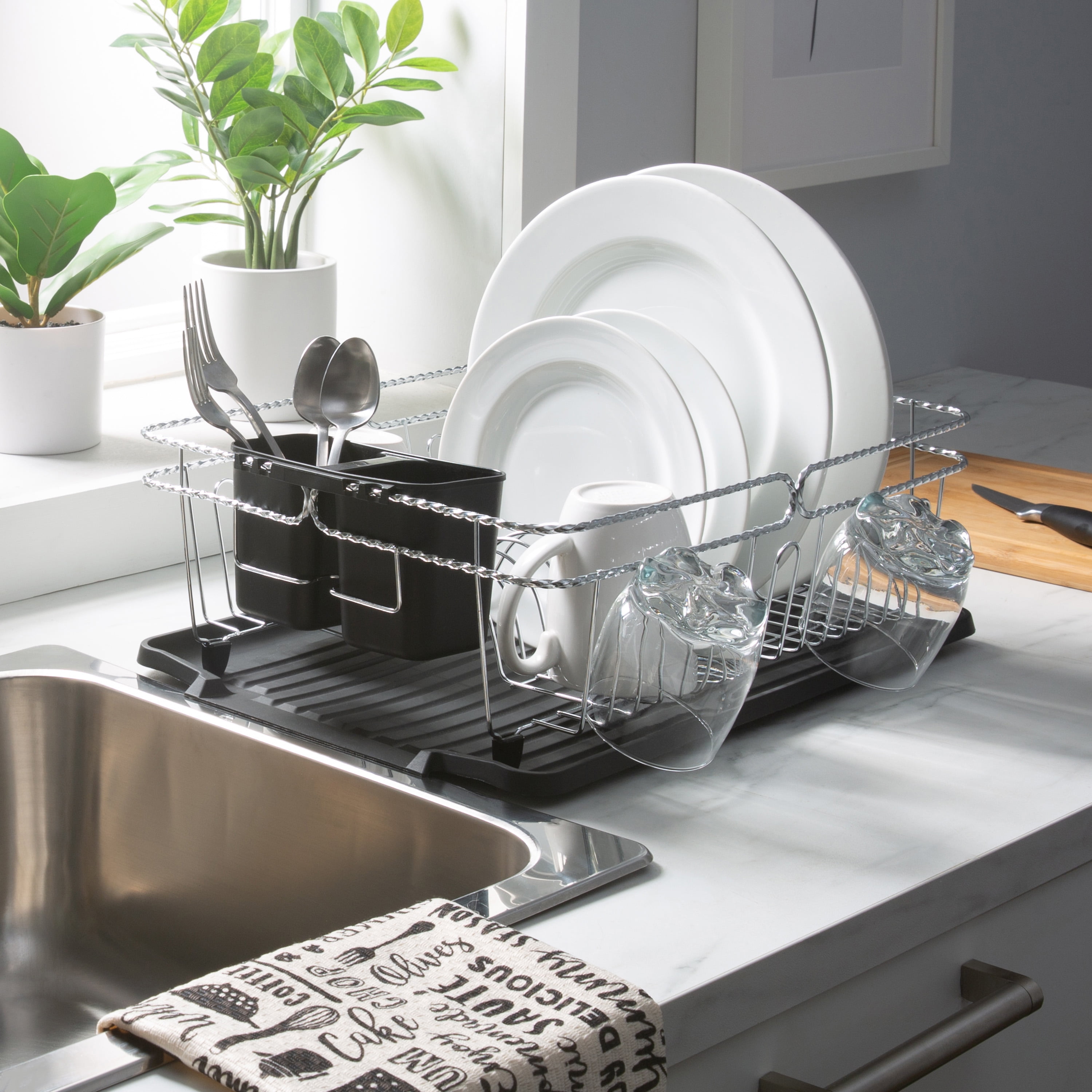 Black and Chrome Metal Countertop Dish Rack with Utensil Cup