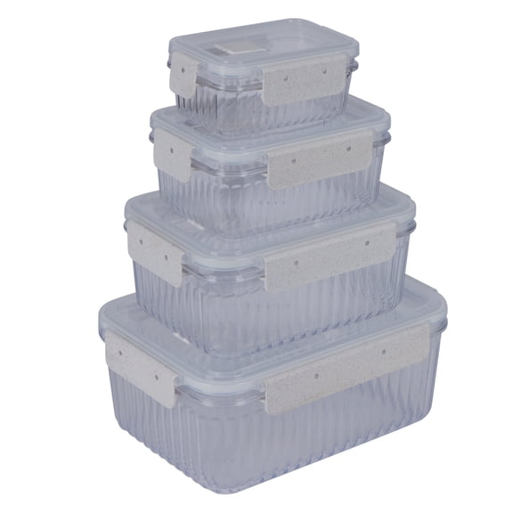 Kitchen Details 8-Piece Rectangular Food Storage Containers with Wheat Fiber Handles | Ribbed Design with Venting Lids | Airtight Locking Storage Set