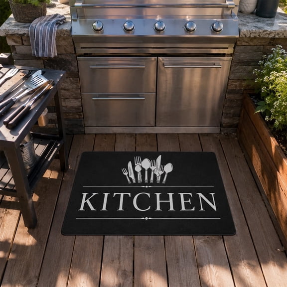 Vintage Black Kitchen Mat with Silver Cutlery Print, Farmhouse Non Slip Anti Fatigue Kitchen Floor Rug, Waterproof Oil Resistant Sink Front Mat, Retro KITCHEN Lettering Decor for Cooking Area