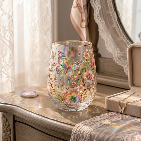 Kitchen & Dining Barware Iridescent Stemless Glass Butterfly Floral Tumblers with Gold Rim Nature Themed Decorative Drinking Cup for Coffee Juice Home Decor Holiday Gift