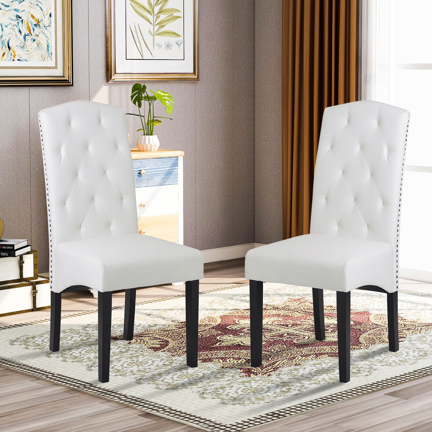 Kitchen Dining Chairs Set of 2, PU Upholstered Dining Chairs with Nailhead Trim and Solid Wood Legs, PU Dining Room Chairs, Classic Accent Leisure Chair for Living Room Bedroom Hotel, White, W12211