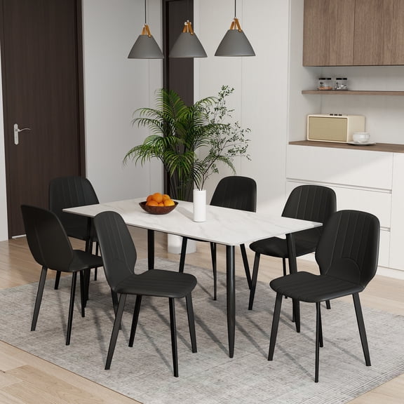 Kitchen Dining Chairs Set of 6, Mid Century PU Leather Accent Chairs with Cushioned Seat and Black Metal Legs for Dining Room, Black Chairs