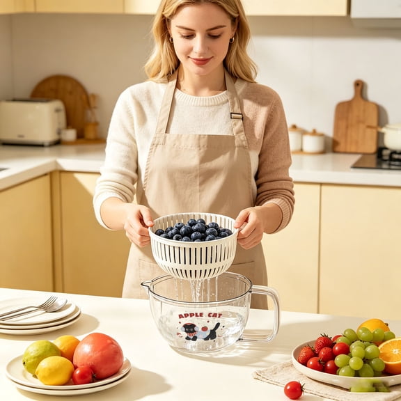 Kitchen & Dining Gadgets Double Layer Vegetable Washing Bowl Novelty Apple Shaped Fruit Vegetable Spinner Strainer with Drainage Spout & Handle Produce Washer Colander for Veggie Salad Meal Prep