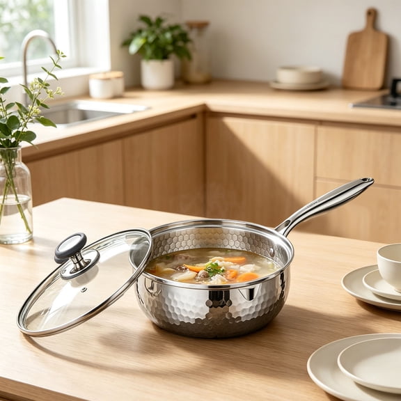 Kitchen & Dining Pots & Pans Hammered Saucepan with Glass Lid 316 Stainless Steel Coating-free Nonstick Milk Soup Cooking Pan Multi-size Stovetop Small Cookware for Daily Cooking