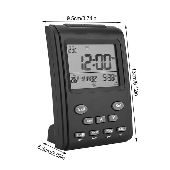 Kitchen & Dining Prayer Clock, displays time, date, week, world time, calendar, AZAN reminder, MAKKAH music, alarm, snooze, temperature, DST, backlight with black color for table desk