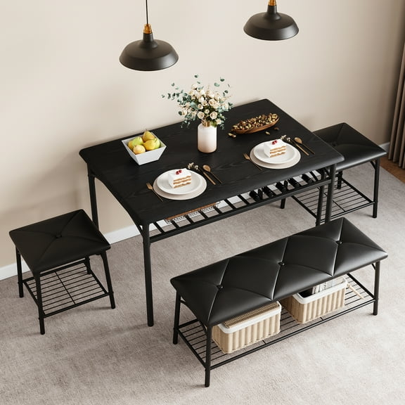 Dining Room Table Set for 4, Metal Frame Kitchen Table Set with Upholstered Bench and 2 Square Stools, 4 Piece Dinette Set with Storage Shelves, Dining Furniture Set for Small Space, Gray