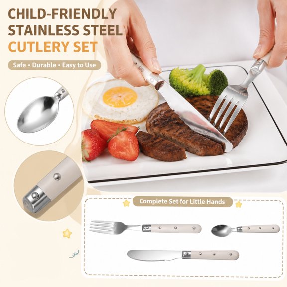 Kitchen and Dining, Stainless Steel Kids Fork Spoon Set with Serrated Model, Rust Resistant Polished Silver Flatware, Beige Riveted Handle Stainless Steel Utensils, Reusable