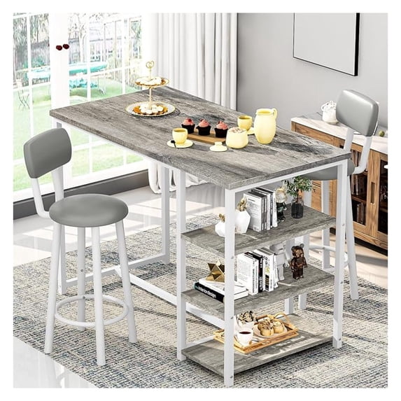 Kitchen Dining Table Set for 2, Bar Table and Chairs Set with 3 Storage Shelves, Tall Dining with 2 PU Leather Backrest Stools for Small Space, Kitchen Island, Apartment, Grey