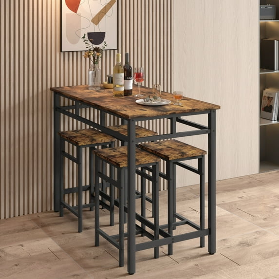 Seizeen 5 Piece Adult's Metal Kitchen Dining Table and Stools, Rustic Brown
