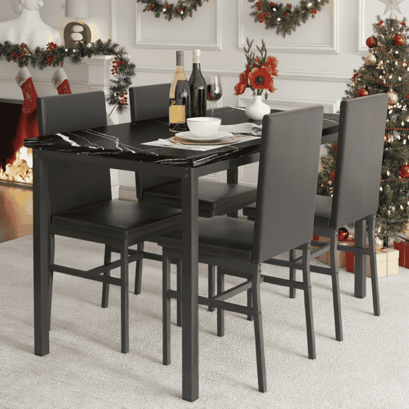 Wooden Dining Table Set for 4, Modern Kitchen Table Set with 4 Chairs for Small Space, Black Table and Chairs Set for Home Pub Bistro