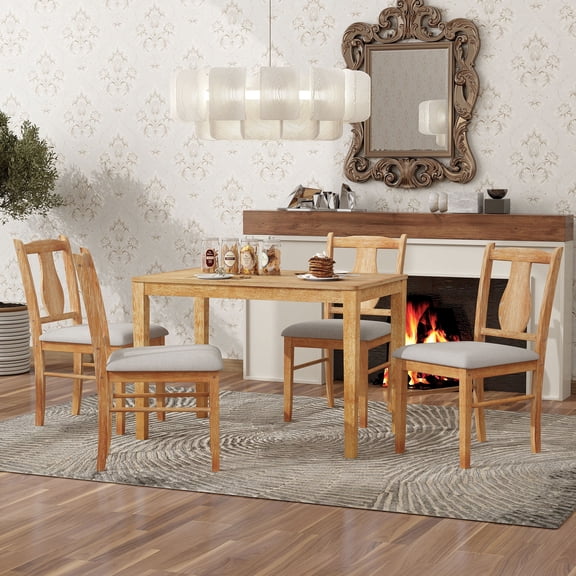 Kitchen Dining Table Set for 4, Modern Home 5 Piece Dining Set, Wood Dining Table and 4 Cushioned Chairs Set, Dinette Set for Small Space, Restaurant, Living Room, Natural