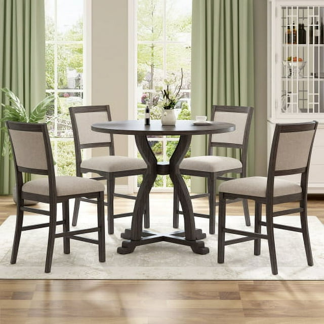 Kitchen Dining Table Set for 4, Wood Round Dining Table with Trestle Legs and 4 Padded Seat Dining Chairs, 5 Pcs Kitchen Dining Set,Farmhouse Style, for Kitchen, Dinning Room,Gray