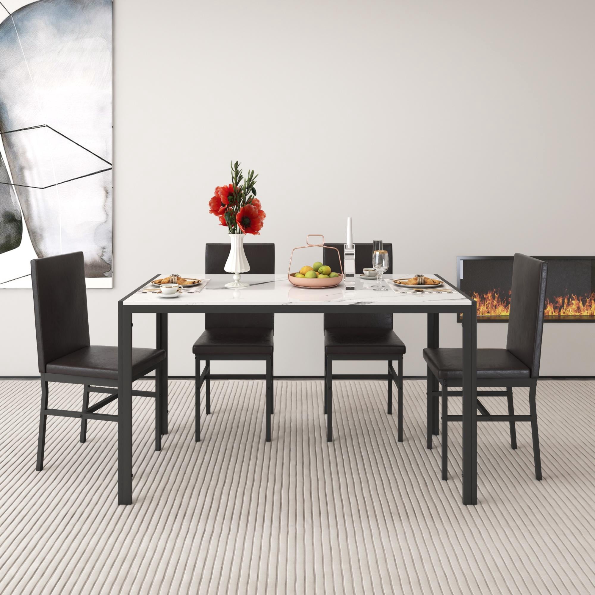 5-Piece Dinette Dining Set, Kitchen Table and Chairs, Metal Frame with ...