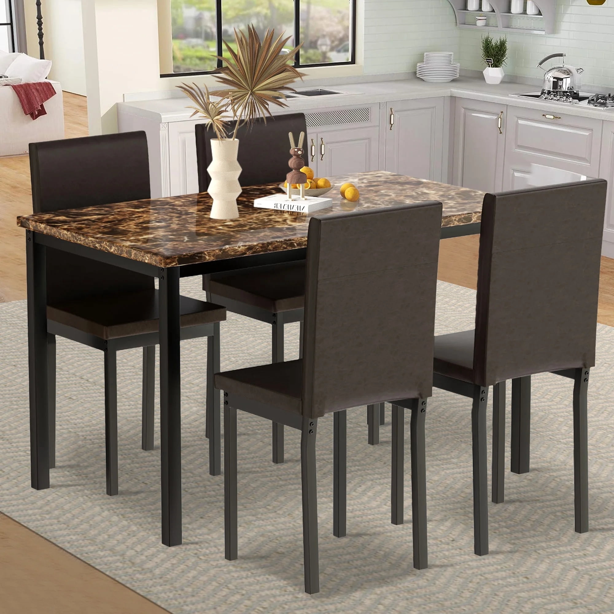 5-Piece Faux Marble Dining Table Set with 4 Metal Chairs, S12528 ...