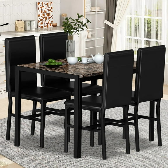 Kitchen Dining Table Set, Metal Kitchen Table Sets with 4 Chairs, Faux Marble Rectangular Breakfast Table w/Metal Legs & Black Finish Frame, Dining Table Sets for an Apartment Breakfast, SS1288
