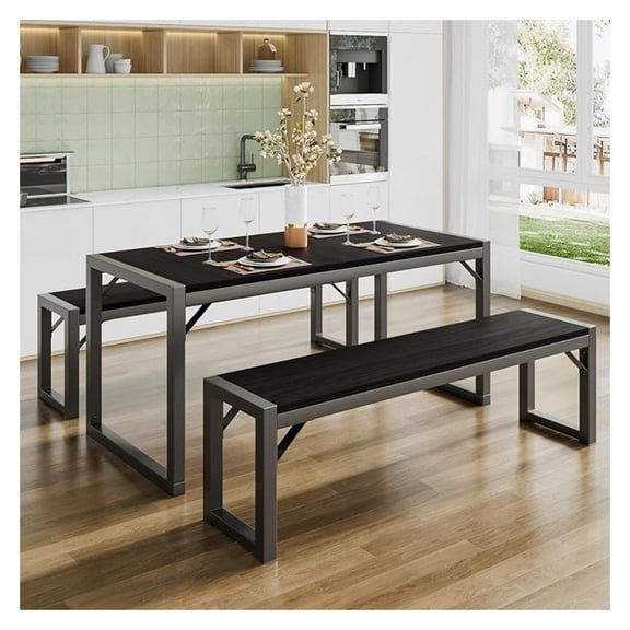 Kitchen Dining Table Set for 4 with Benches, Rustic Small Space Saving Dinette, Heavy Duty Metal Frame