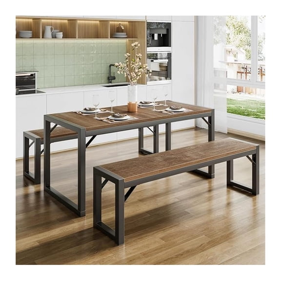 Kitchen Dining Table Set for 4 with Benches, Rustic Small Space Saving Dinette, Heavy Duty Metal Frame