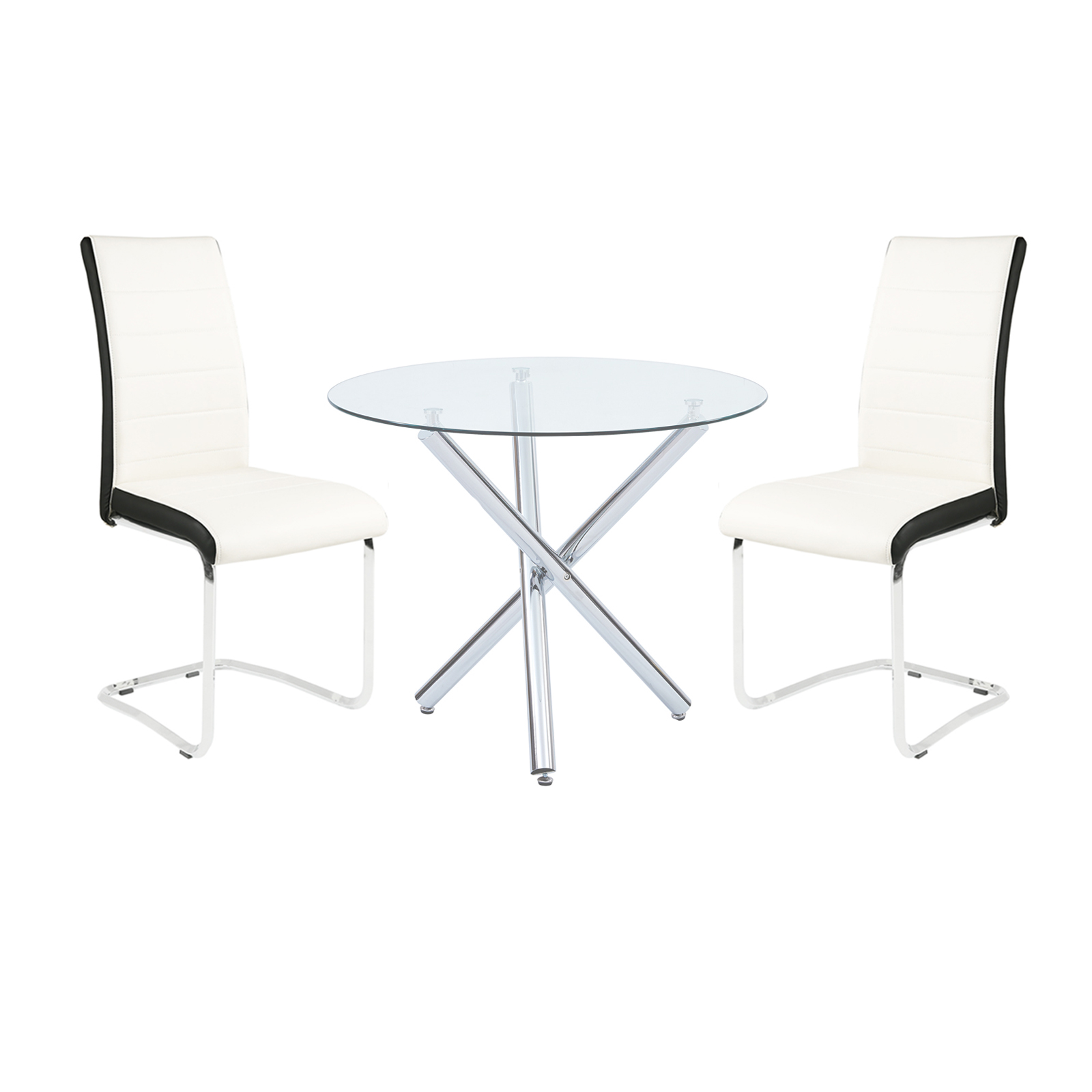 Kitchen Dining Table Set of 2,Glass Metal Table and 2 Chairs(3 Leg Table + 2 White Chairs