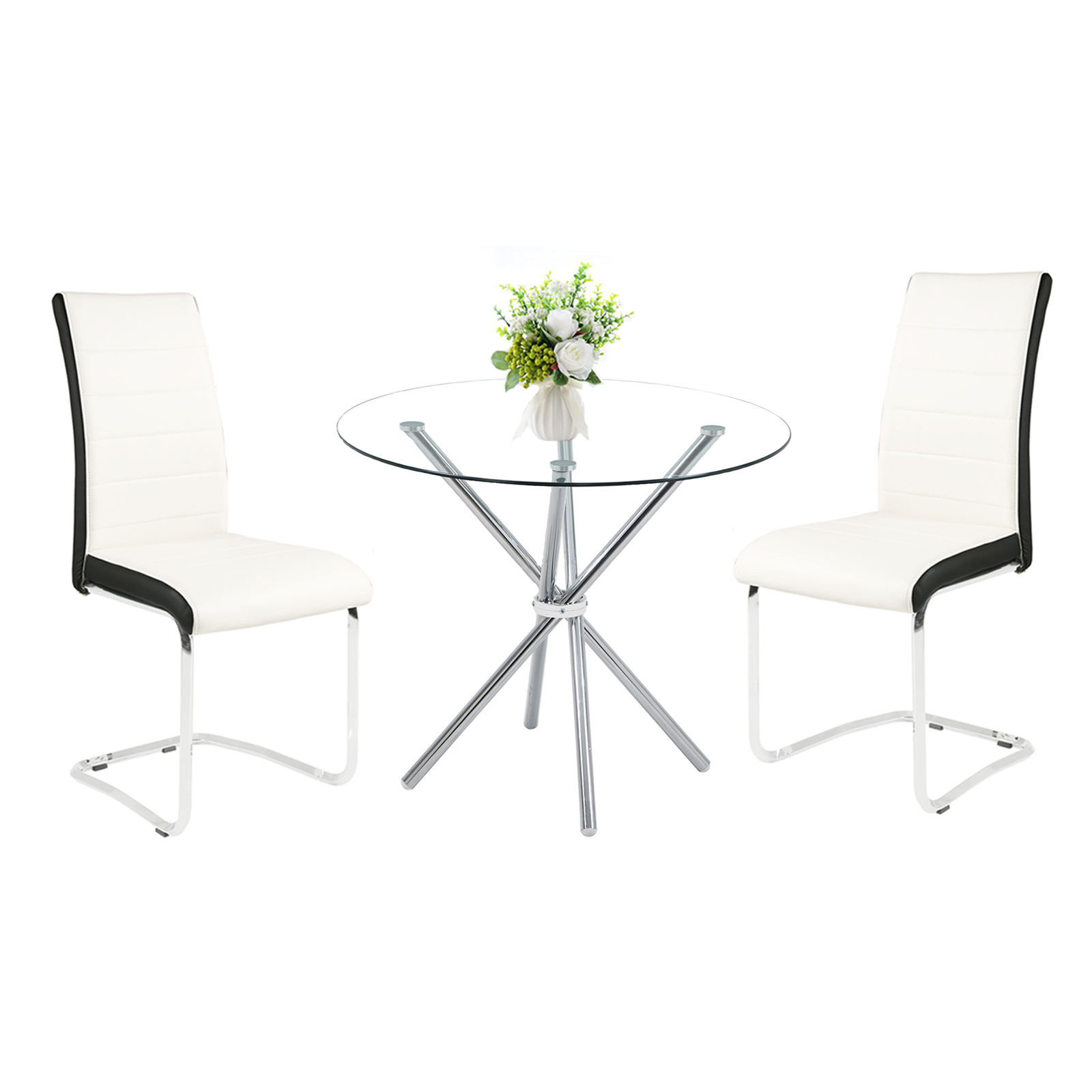 Kitchen Dining Table Set of 2,Glass Metal Table and 2 Chairs(4 Leg