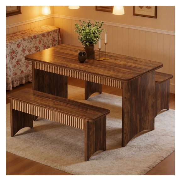 Kitchen Dining Table Set with Benches - 3 Piece Rectangular Wood Dining Set for 4-6 People - Farmhouse Table and Bench Set for Dining Room
