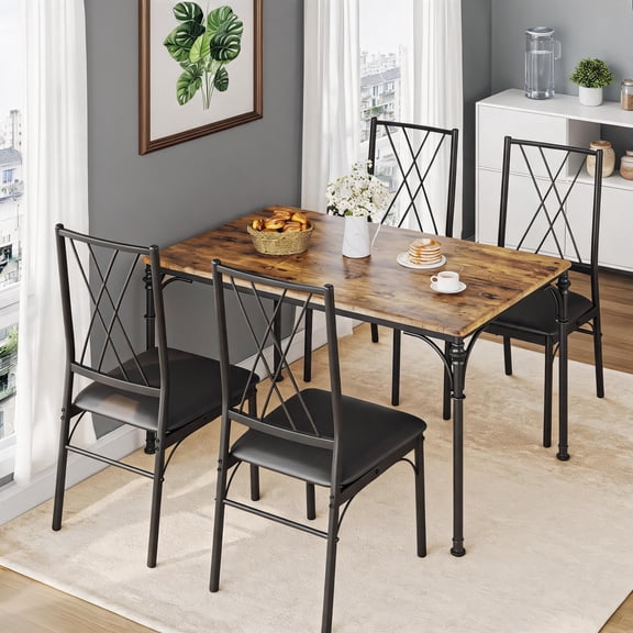 Kitchen Dining Table Set with Rectangular Table, 4 Chairs, Metal and Wood, Space-Saving