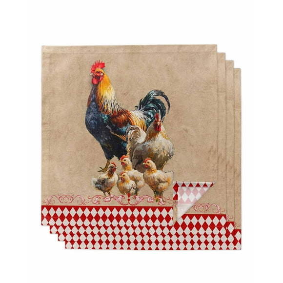 Kitchen Dinner Napkins Set of 4, Country Farm Rooster Cloth Napkins Reusable Washable Table Napkins for Weddings Cocktail Parties Holiday Table Decor 20x20 Inch Red Geometric Kraft Paper Backdrop