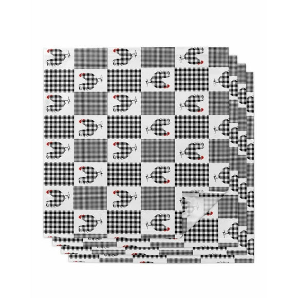 Kitchen Dinner Napkins Set of 4, Farm Rooster Cloth Napkins Reusable Washable Table Napkins for Weddings Cocktail Parties Holiday Table Decor 20x20 Inch Black White Plaid Chicken Animal