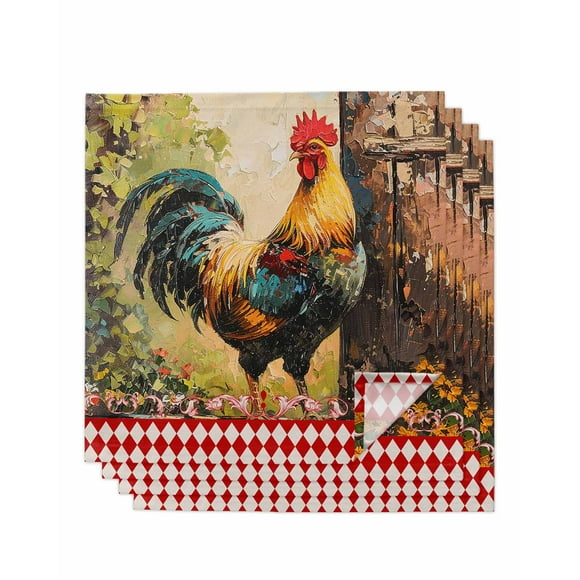 Kitchen Dinner Napkins Set of 4, Farm Rooster Cloth Napkins Reusable Washable Table Napkins for Weddings Cocktail Parties Holiday Table Decor 20x20 Inch Red Geometric Animal Print Oil Painting