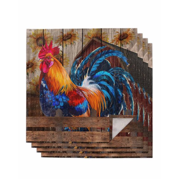 Kitchen Dinner Napkins Set of 4, Farm Rooster Cloth Napkins Reusable Washable Table Napkins for Weddings Cocktail Parties Holiday Table Decor 20x20 Inch Watercolor Sunflower Farmhouse Wood Grain