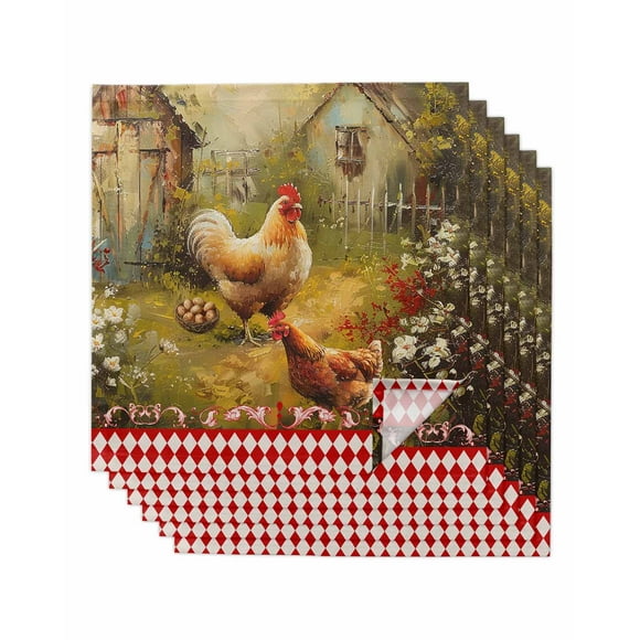 Kitchen Dinner Napkins Set of 6, Farm Rooster Floral Cloth Napkins Reusable Washable Table Napkins for Weddings Cocktail Parties Holiday Table Decor 20x20 Inch Country Watercolor Oil Painting