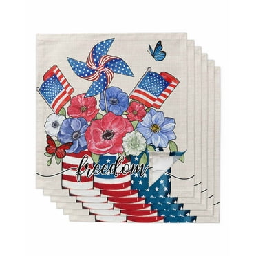 Kitchen Dinner Napkins Set of 6, Independence Day Floral Cloth Napkins Reusable Washable Table Napkins for Weddings Cocktail Parties Holiday Table Decor 20x20 Inch Freedom Flag Windmill Rustic