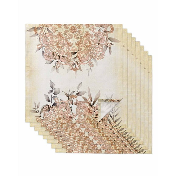 Kitchen Dinner Napkins Set of 8, Brown Boho Leaves Cloth Napkins Reusable Washable Table Napkins for Weddings Cocktail Parties Holiday Table Decor 20x20 Inch Abstract Ethnic Turkish Floral