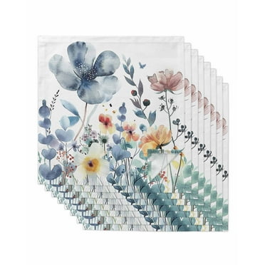 Kitchen Dinner Napkins Set of 8, Spring Summer Floral Cloth Napkins Reusable Washable Table Napkins for Weddings Cocktail Parties Holiday Table Decor 20x20 Inch Watercolor Wildflowers Botanical